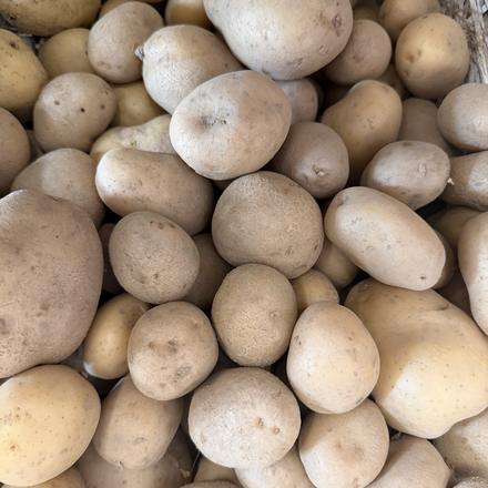 Cassetta di patate sul banco, vista dall'alto